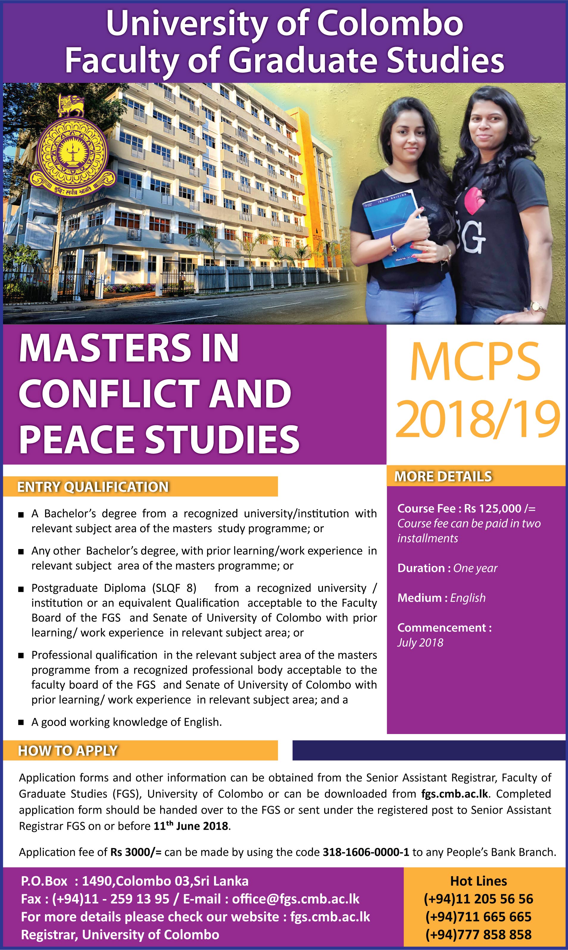 Masters in Conflict & Peace Studies (MCPS) 2018/19 - Faculty of Graduate Studies - University of Colombo